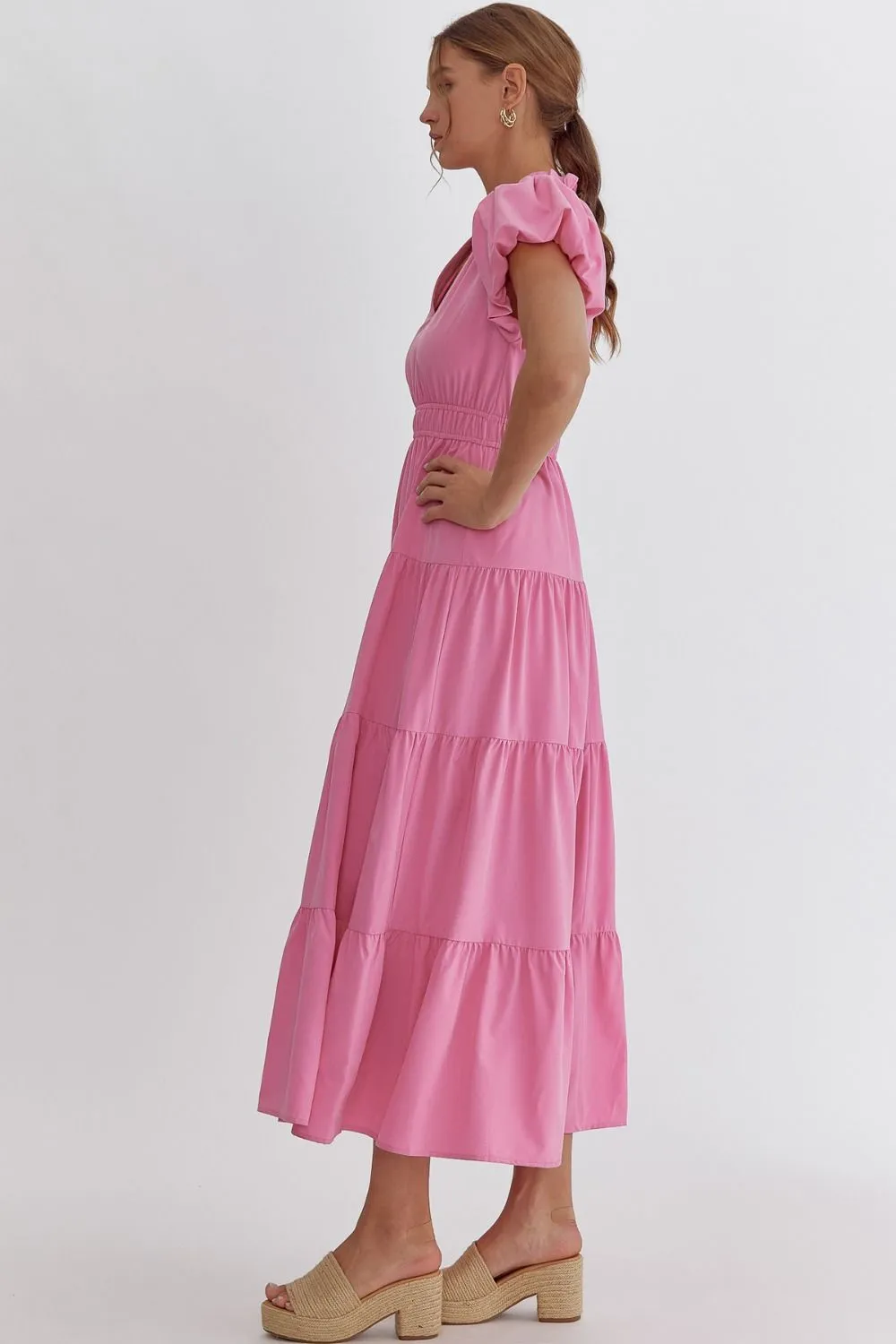 V-Neck Bubble Sleeve Tiered Midi Dress