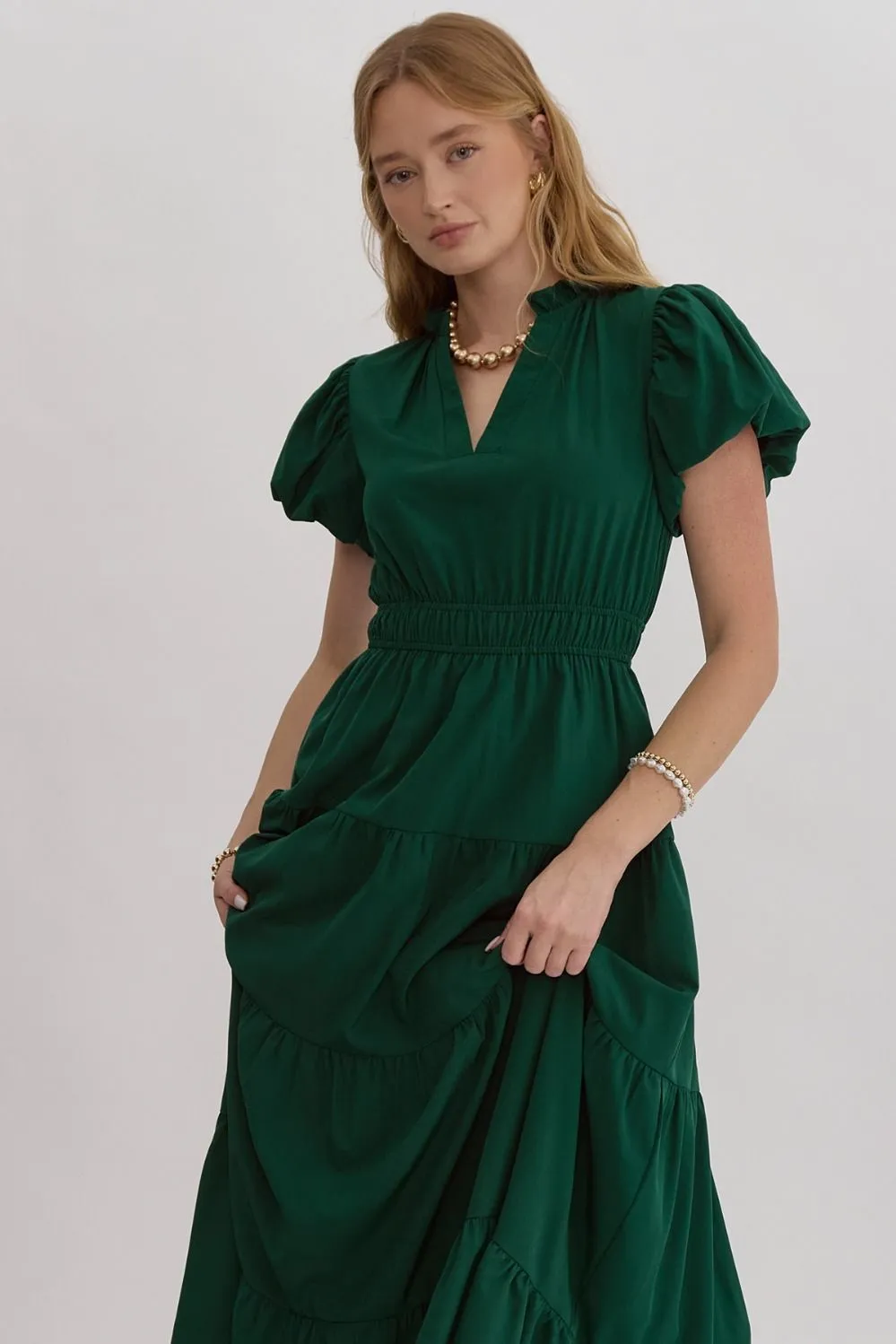 V-Neck Bubble Sleeve Tiered Midi Dress