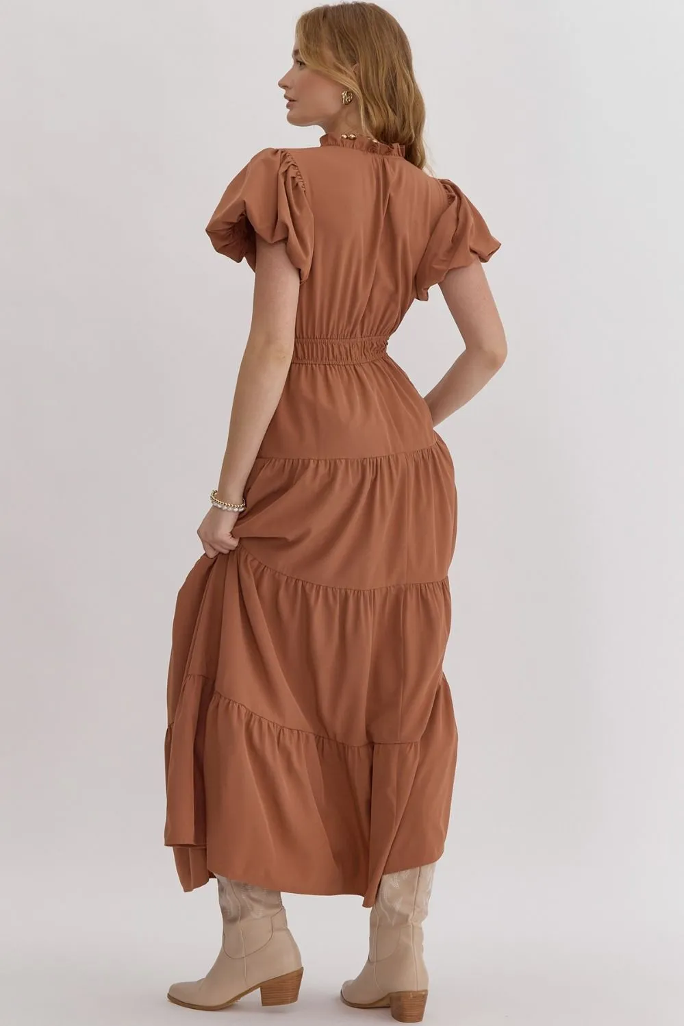 V-Neck Bubble Sleeve Tiered Midi Dress