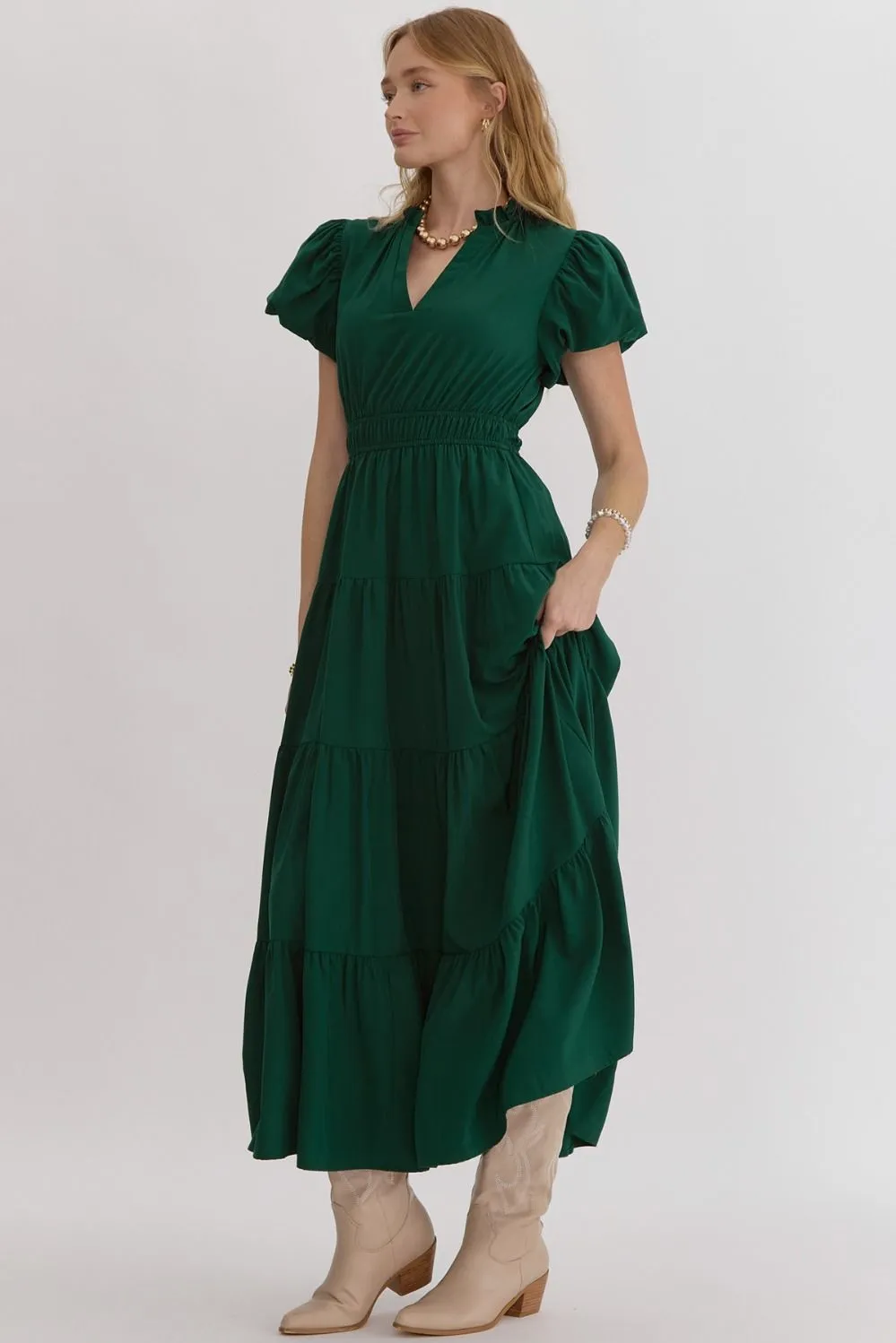 V-Neck Bubble Sleeve Tiered Midi Dress