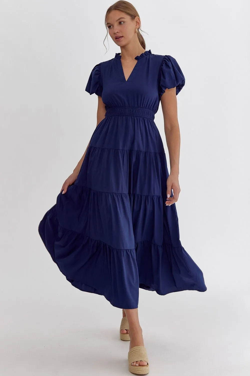 V-Neck Bubble Sleeve Tiered Midi Dress