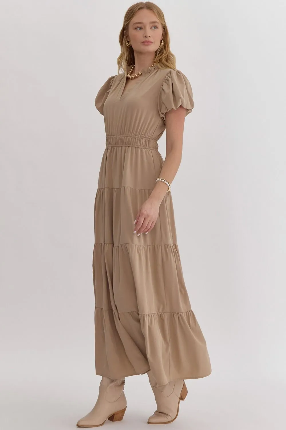 V-Neck Bubble Sleeve Tiered Midi Dress