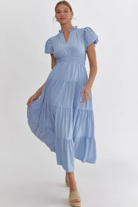 V-Neck Bubble Sleeve Tiered Midi Dress