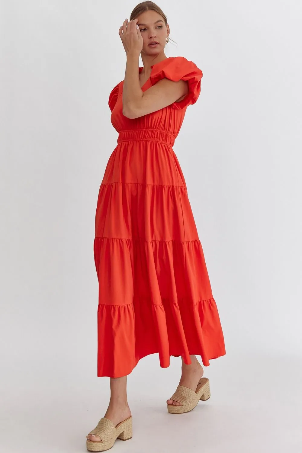 V-Neck Bubble Sleeve Tiered Midi Dress