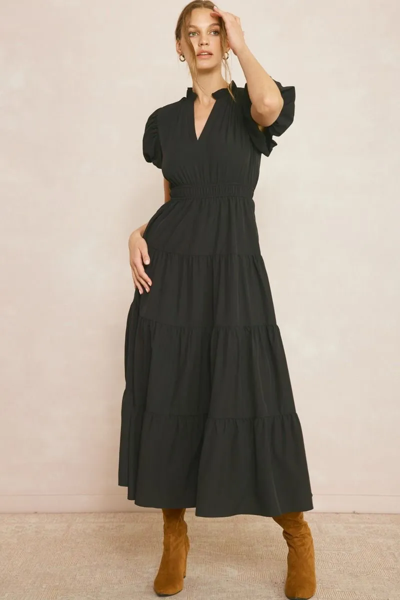 V-Neck Bubble Sleeve Tiered Midi Dress