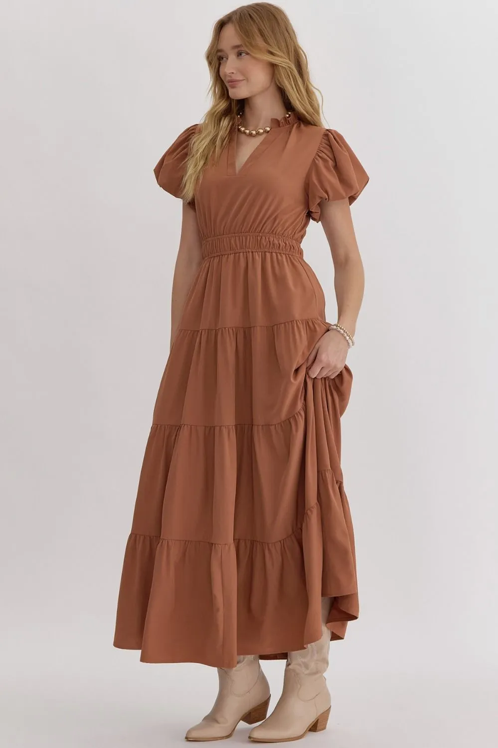 V-Neck Bubble Sleeve Tiered Midi Dress