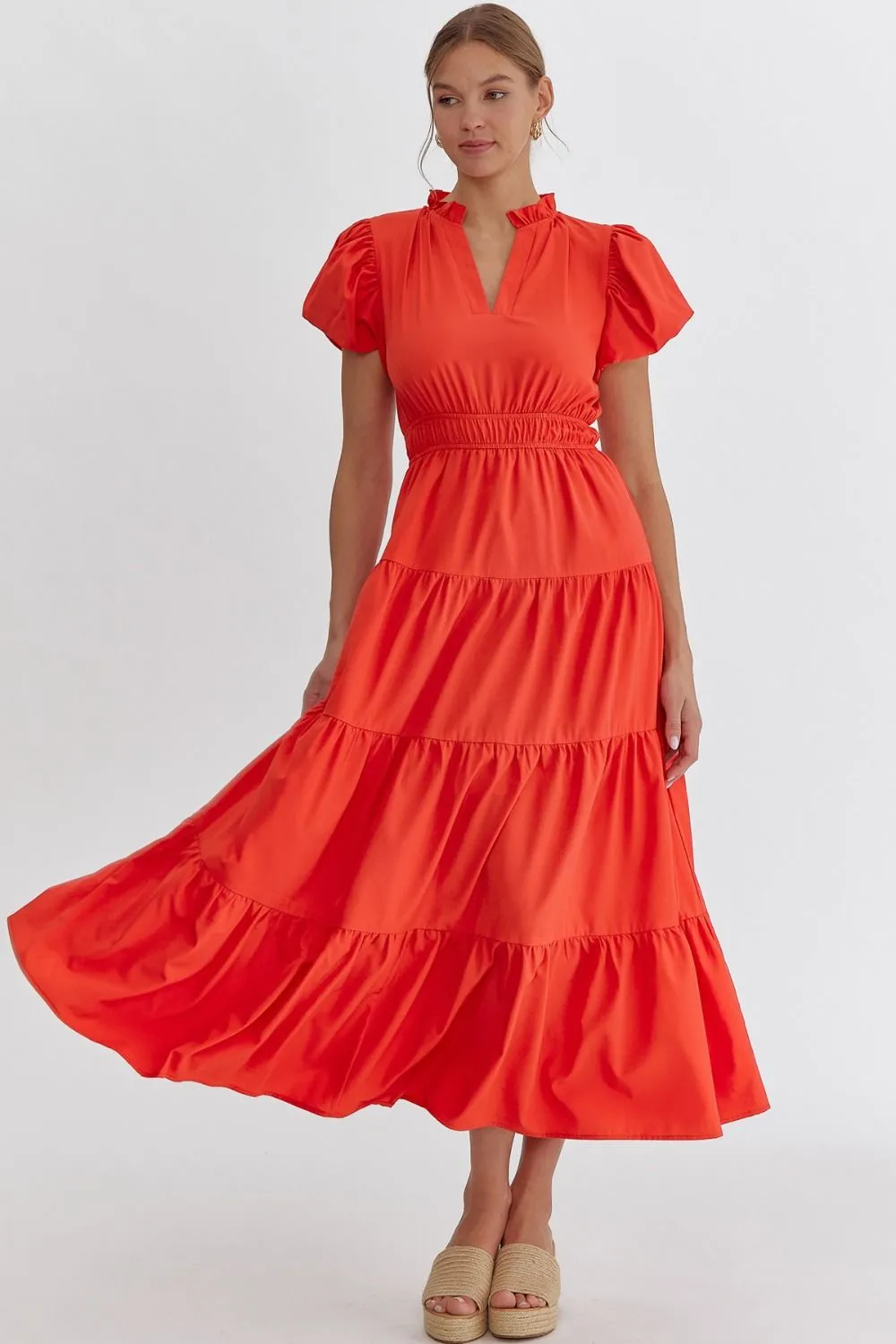 V-Neck Bubble Sleeve Tiered Midi Dress