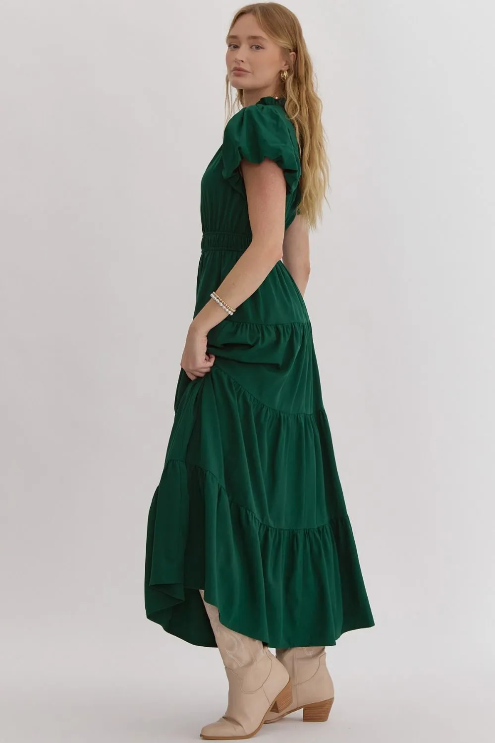 V-Neck Bubble Sleeve Tiered Midi Dress