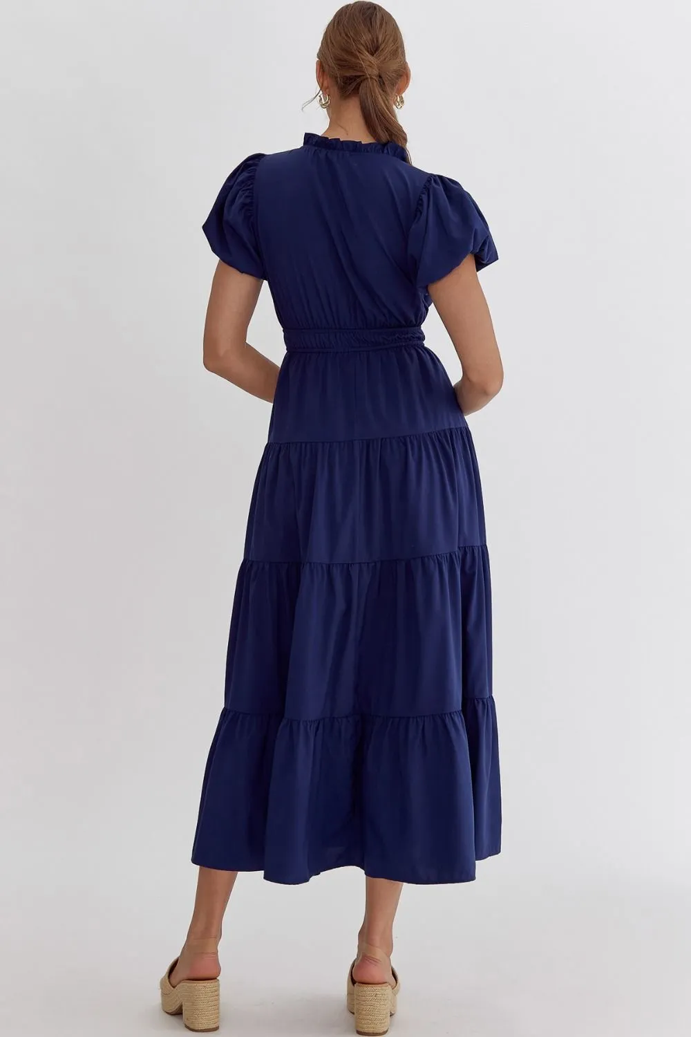 V-Neck Bubble Sleeve Tiered Midi Dress