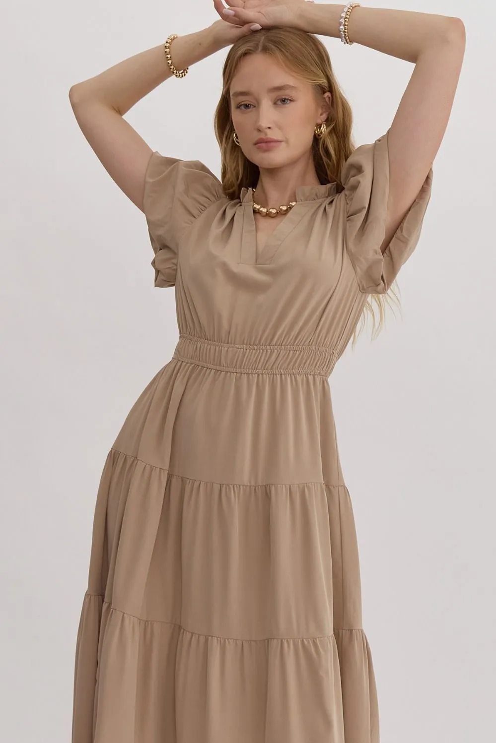 V-Neck Bubble Sleeve Tiered Midi Dress