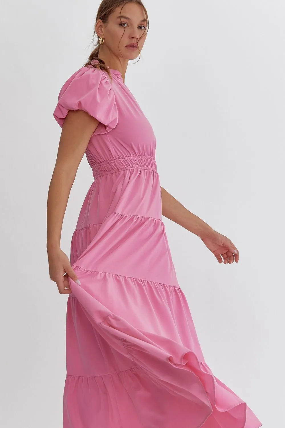 V-Neck Bubble Sleeve Tiered Midi Dress