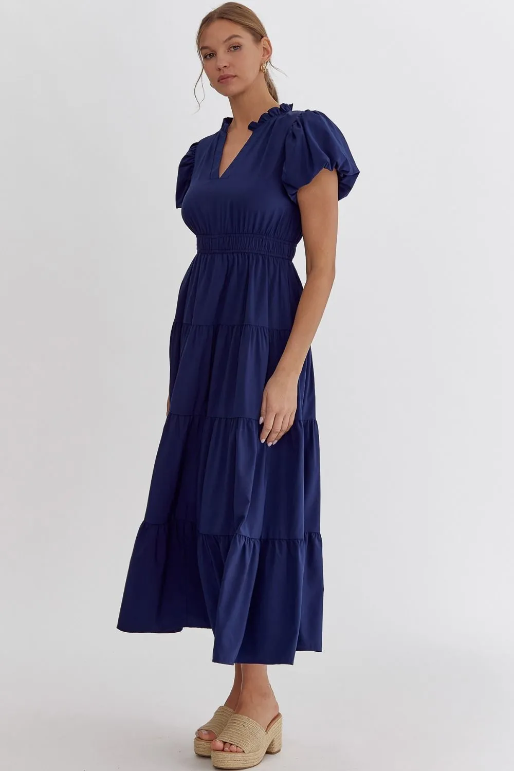 V-Neck Bubble Sleeve Tiered Midi Dress