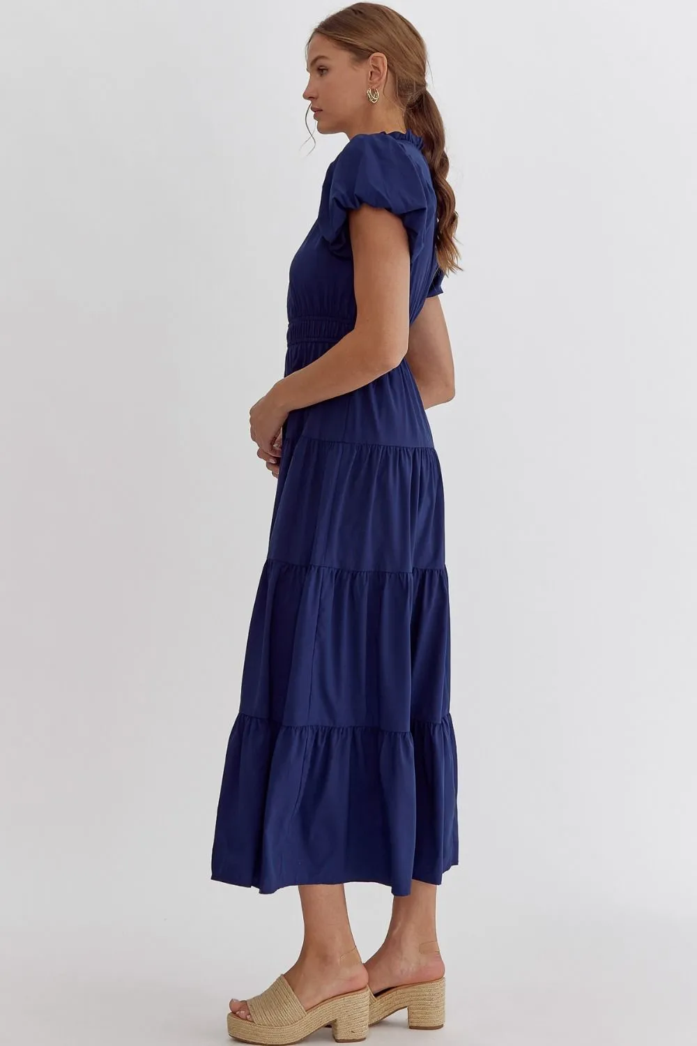 V-Neck Bubble Sleeve Tiered Midi Dress