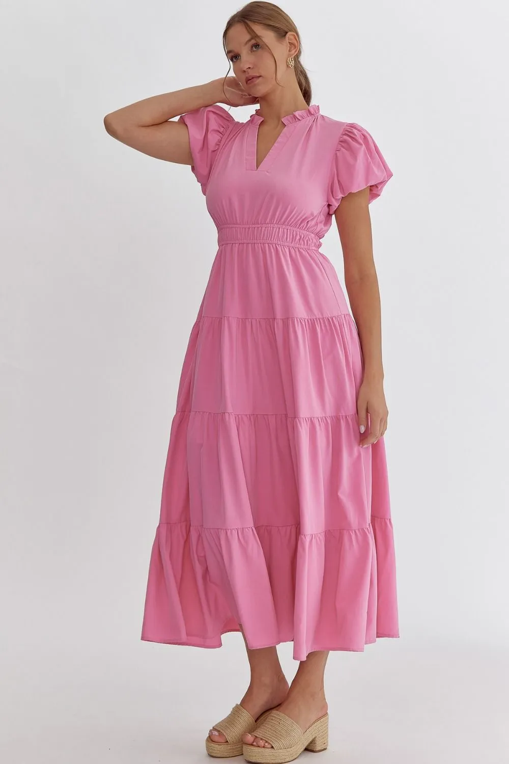 V-Neck Bubble Sleeve Tiered Midi Dress