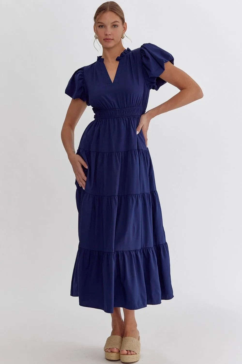 V-Neck Bubble Sleeve Tiered Midi Dress