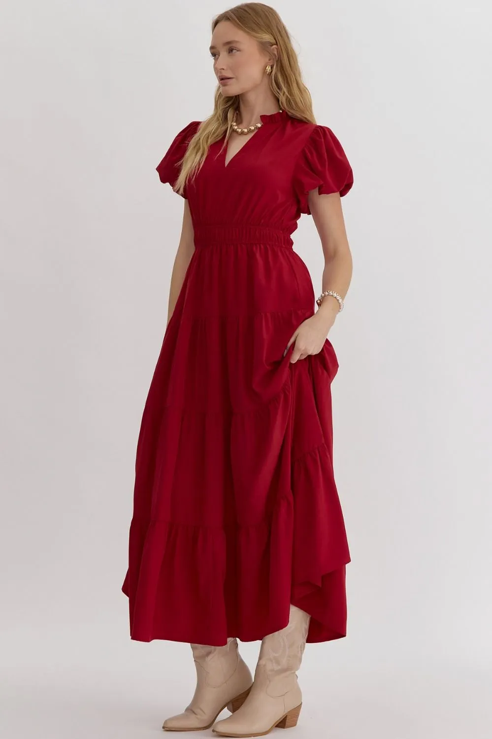 V-Neck Bubble Sleeve Tiered Midi Dress