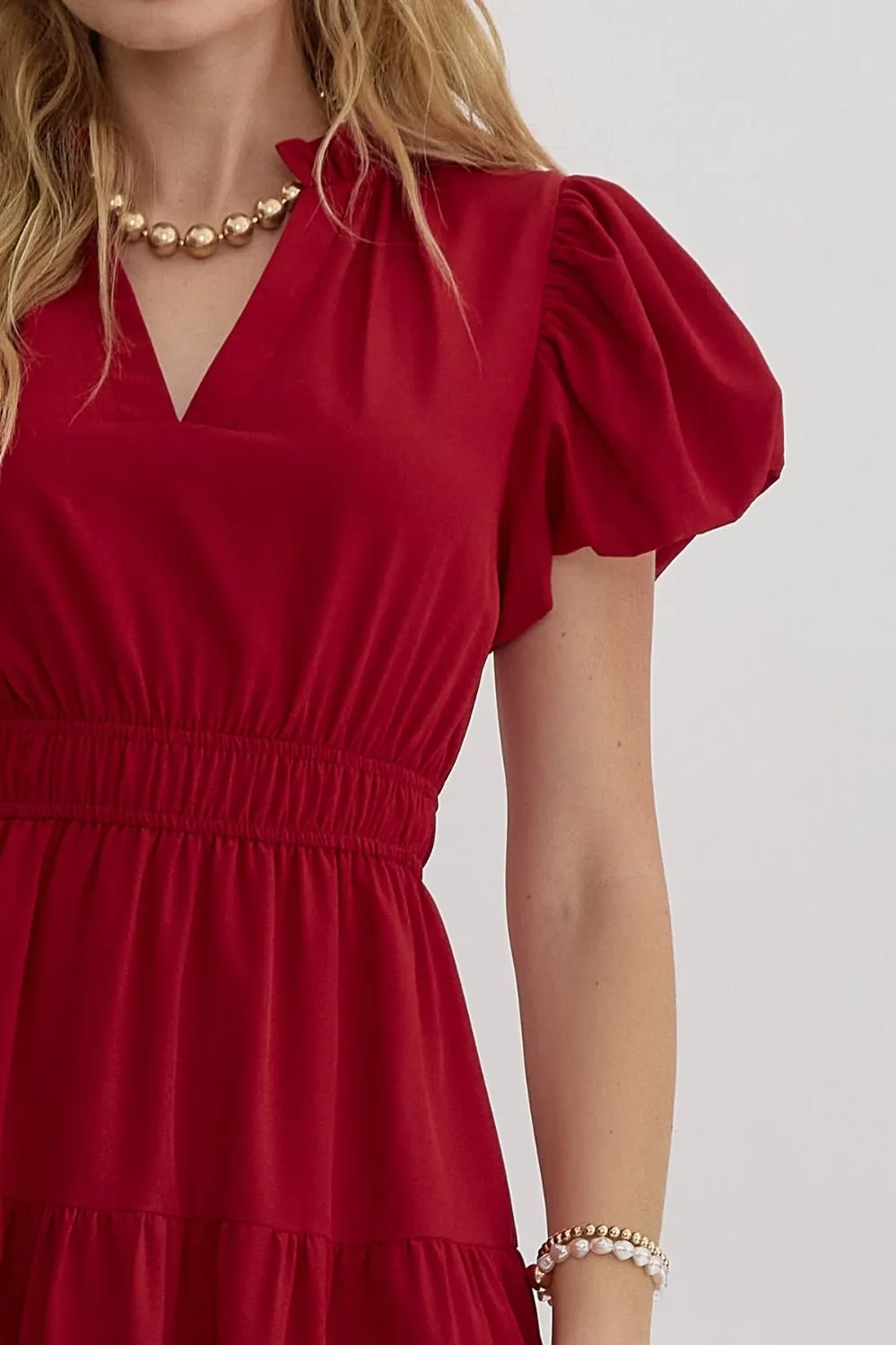 V-Neck Bubble Sleeve Tiered Midi Dress