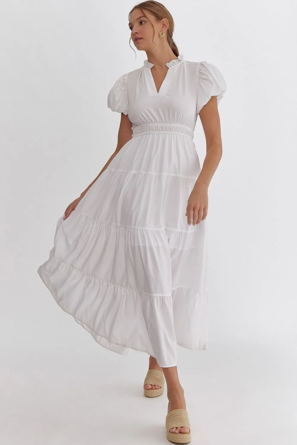 V-Neck Bubble Sleeve Tiered Midi Dress