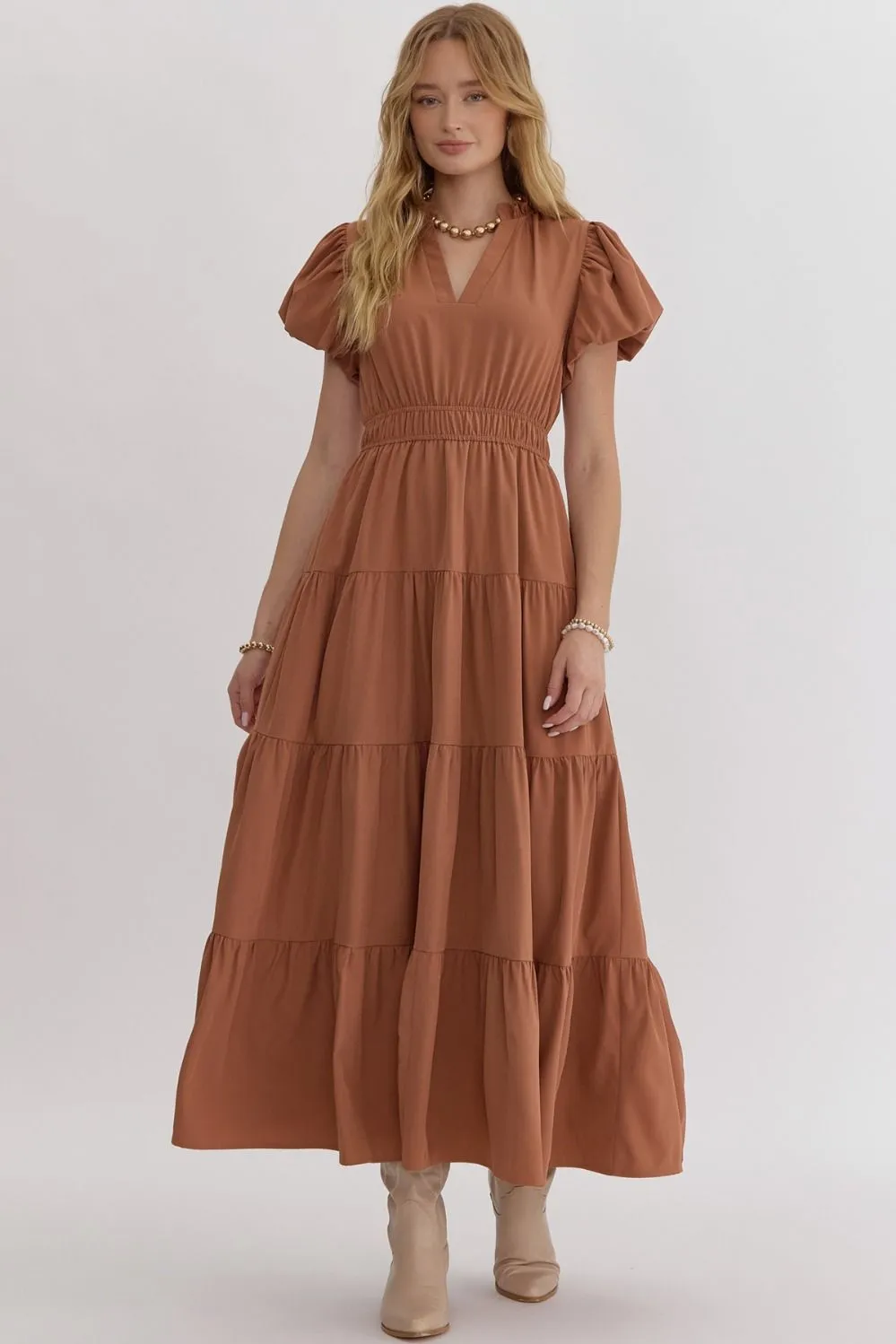 V-Neck Bubble Sleeve Tiered Midi Dress