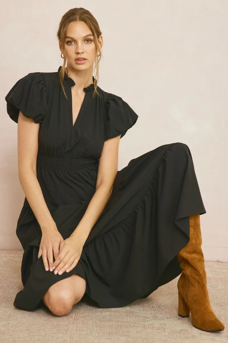 V-Neck Bubble Sleeve Tiered Midi Dress