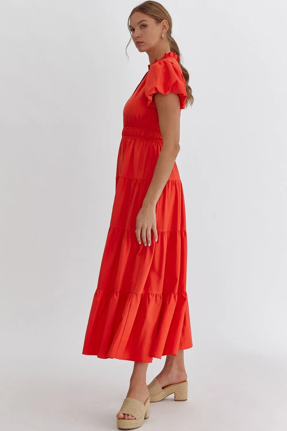 V-Neck Bubble Sleeve Tiered Midi Dress