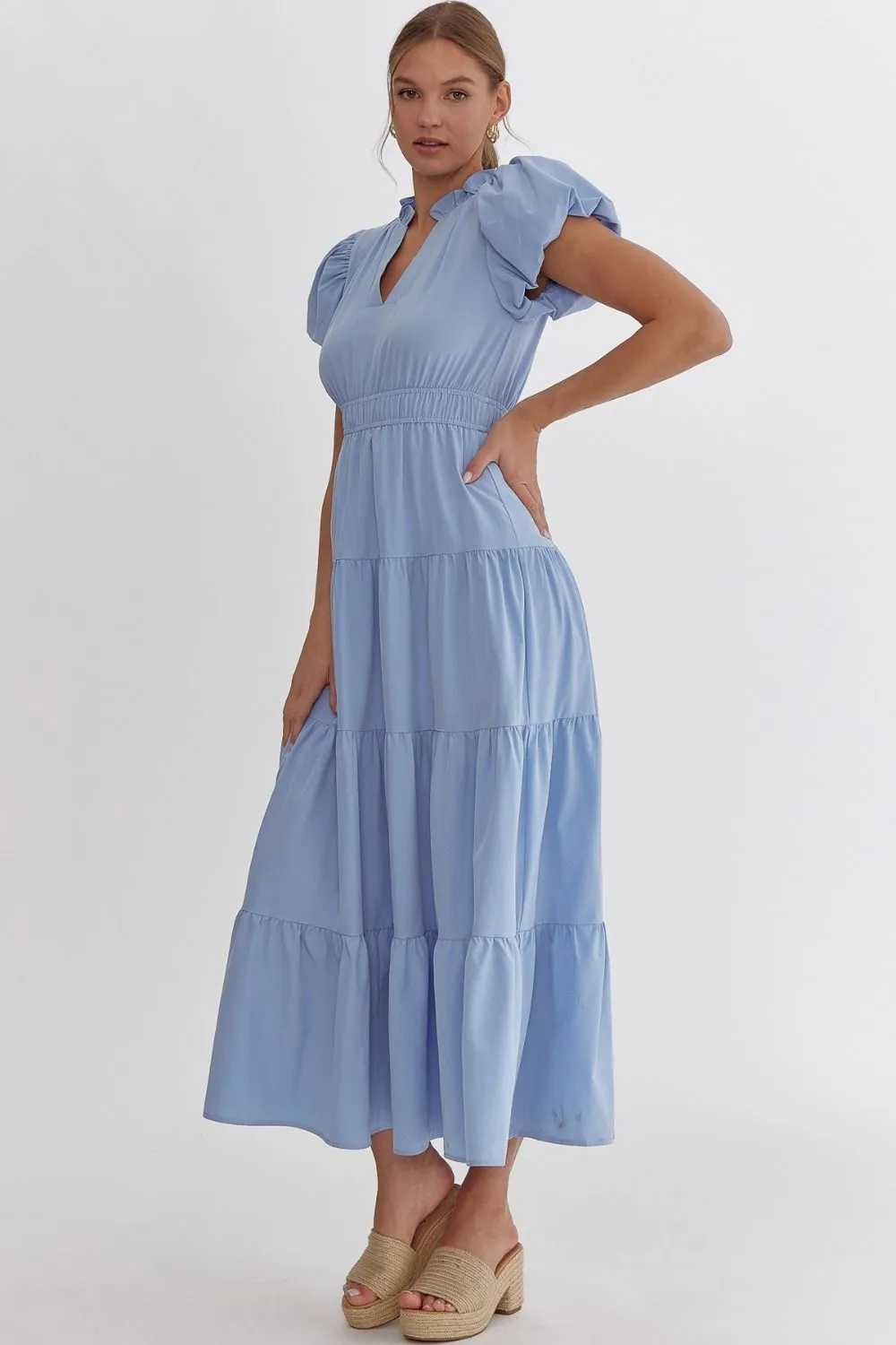 V-Neck Bubble Sleeve Tiered Midi Dress