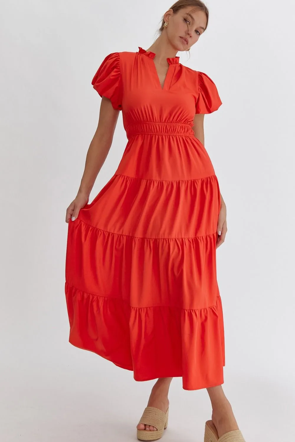 V-Neck Bubble Sleeve Tiered Midi Dress