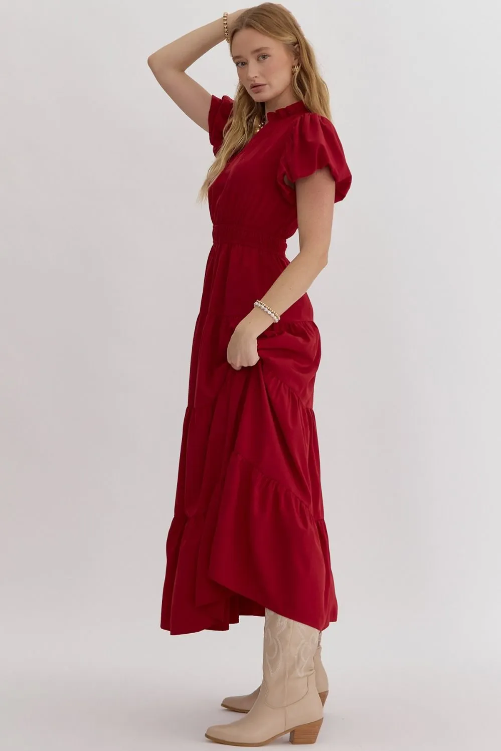 V-Neck Bubble Sleeve Tiered Midi Dress