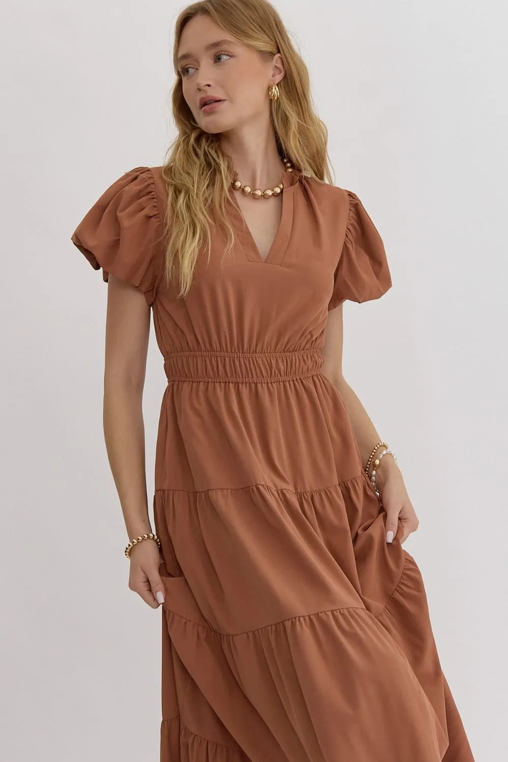 V-Neck Bubble Sleeve Tiered Midi Dress