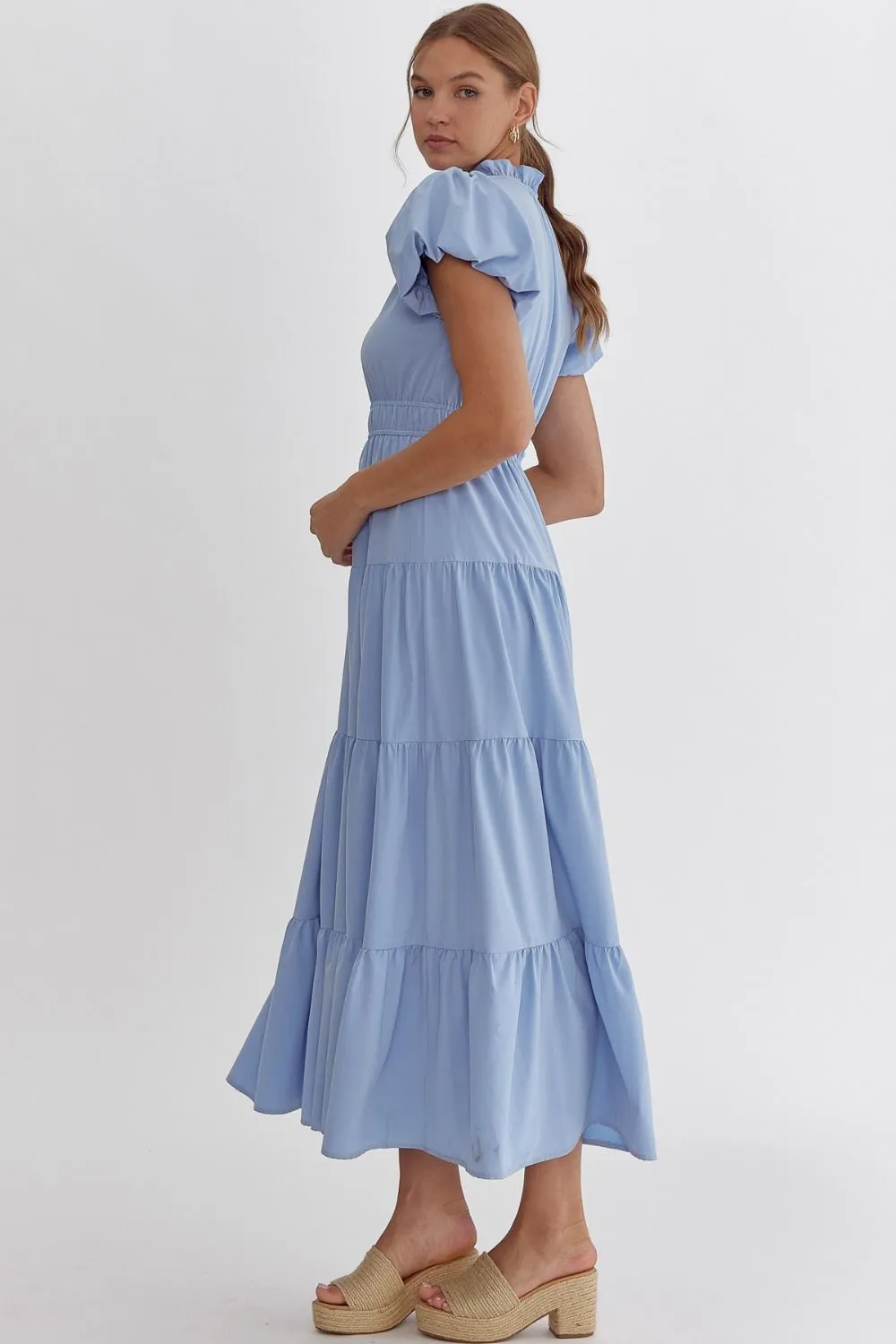 V-Neck Bubble Sleeve Tiered Midi Dress